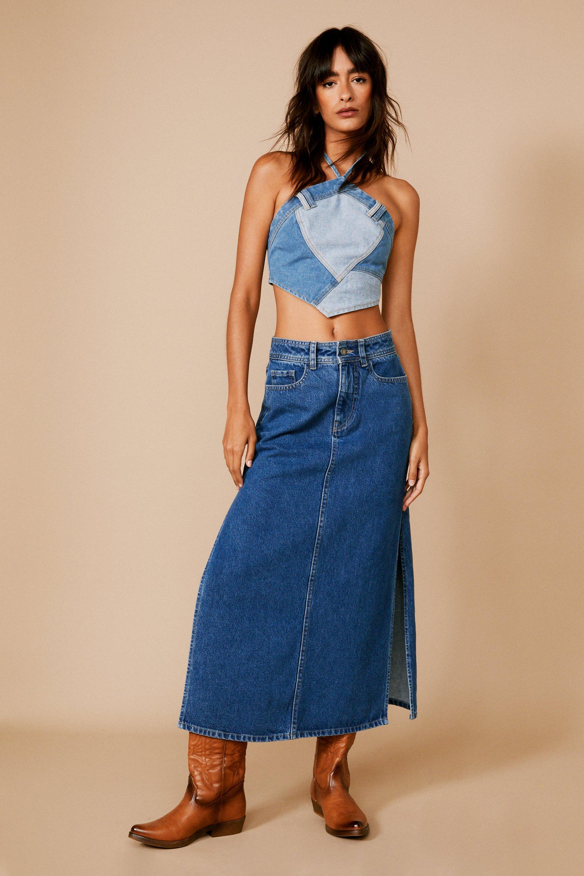 Denim Patchwork Halterneck Hanky Hem Top